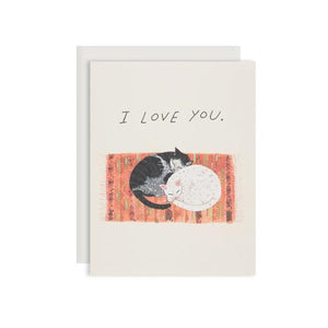 By Red Cap Cards. Cat Cuddle Card features: Offset Printed. 100lb Heavyweight Cardstock. Illustrated by Becca Stadtlander. Measures 4.25 x 5.5 inches. Also available in store at FOLD Gallery in DTLA.