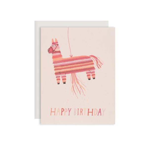 By Red Cap Cards. Donkey Piñata Birthday Card. Greeting card is offset printed on 100lb heavyweight cardstock. Blank inside for a personal message. Illustrated by Yelena Bryksenkova. Measures 4.25 x 5.5 inches.