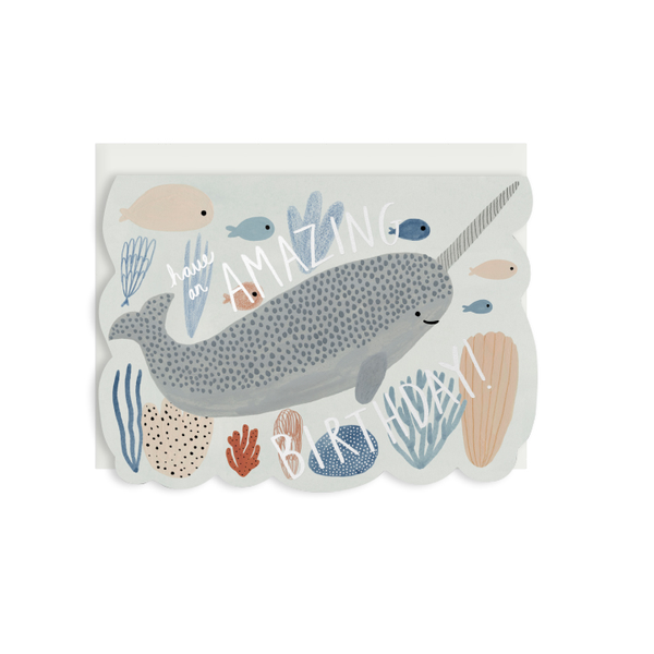 By Red Cap Cards. Narwhal Birthday Die Cut Foil Card: Die-cut, Foil. 100lb Heavyweight Cardstock. Illustrated by Kate Pugsley. Measures 5 x7 inches. Also available in store at FOLD Gallery DTLA.
