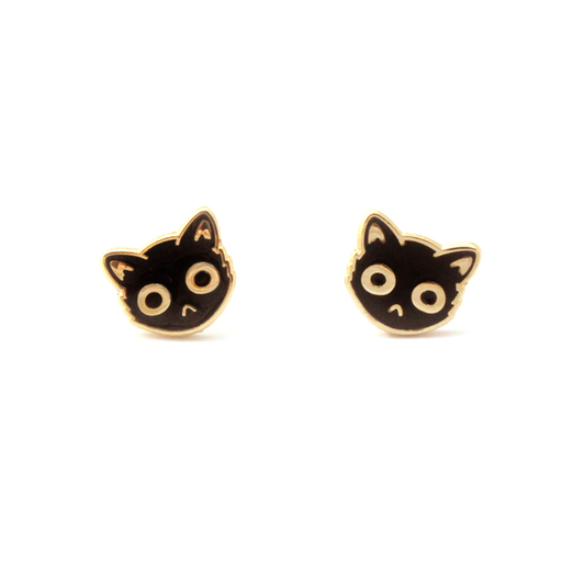By SHOAL. Now you can wear grouchy cats on your ears whenever you want! Black Enamel Cat Face Stud Earrings. Metal composition: 22k gold-plated brass, nickel-free. 8mm (5/16 inch) width. 22k gold-plated earring backs. Packaged in a cute keepsake box, perfect for gift-giving!