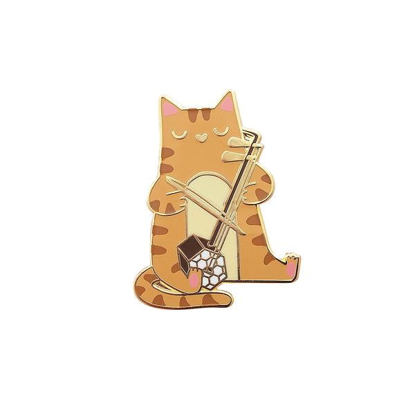 By Shoal. Hard enamel Er Hu Cat Pin with shiny gold metal finish. Comes with double pin posts and two rubber clutch backs. Measures 1.38 inches tall.