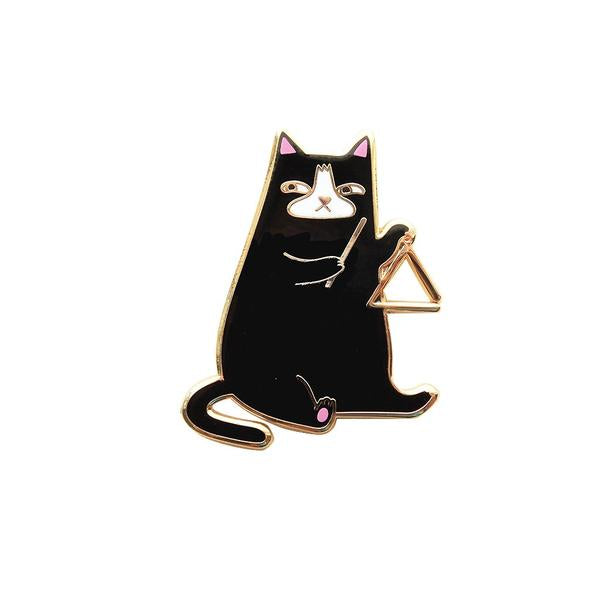 By Shoal. Triangle Cat Pin. Hard enamel with shiny gold metal finish. Comes with two pin posts with rubber clutch backs. Measures 1.38 inches tall. Also available in store at FOLD Gallery DTLA.