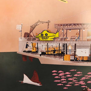 By Sleepy Mountain. Inspired by Wes Anderson's The Life Aquatic with Steve Zissou Submarine. Enamel Deep Search Pin comes with rubber clutch. Measures about 1.5 inches wide.