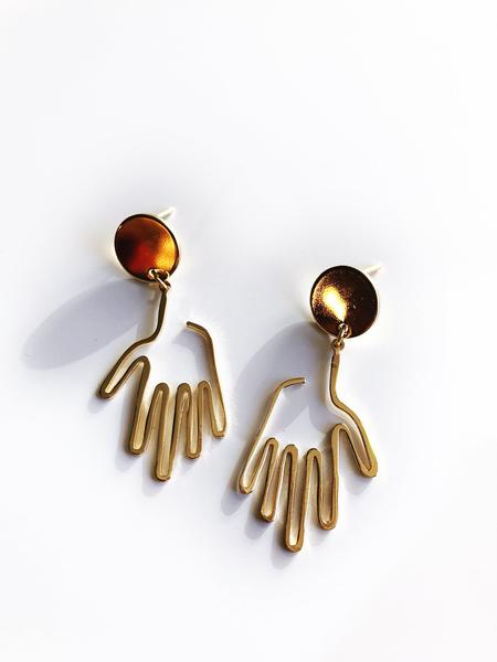 By Sleepy Mountain. Hand Dangle Earrings: Light weight and comfortable. 14k gold plated brass. Care: Store away from moisture and other jewelry to avoid scratching or tarnish. Wipe clean with microfiber cloth. Measures: Overall size 1.75 inches Hand size 1.3 inches.