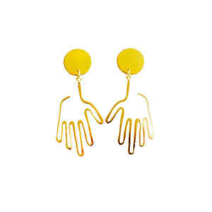 By Sleepy Mountain. Hand Dangle Earrings: Light weight and comfortable. 14k gold plated brass. Care: Store away from moisture and other jewelry to avoid scratching or tarnish. Wipe clean with microfiber cloth. Measures: Overall size 1.75 inches Hand size 1.3 inches.