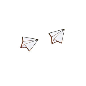 By Sleepy Mountain. Enamel Paper Airplane Earrings are 22k gold plated stainless steel. Includes butterfly backings as well as nylon stops. Measures 0.5 inches. Also available in store at FOLD Gallery DTLA.