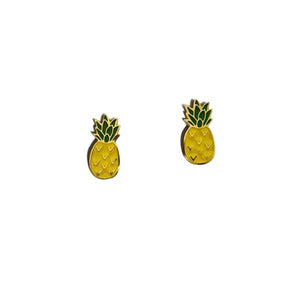 By Sleepy Mountain. Pineapple Earrings: Enamel color earrings are 22k gold plated stainless steel Includes butterfly backings as well as nylon stops. For long lasting earrings, keep them dry, do not wear them in the shower. Measures 0.5 inches. Also available in store at FOLD Gallery DTLA.