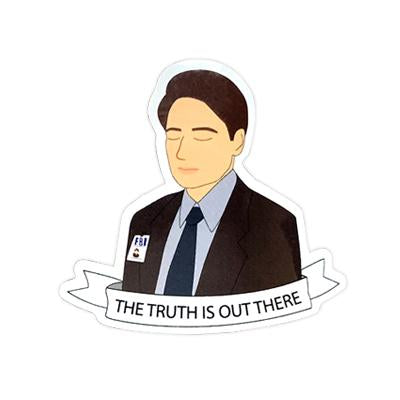 By Sleepy Mountain. X-Files Fox Mulder Sticker. This listing is for one (1) glossy coated vinyl sticker. Measures 2.4 x 2.3 inches. FOLD Gallery Dtla.