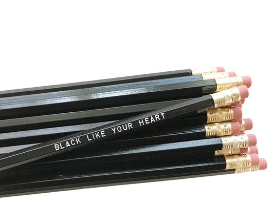 by Sweet Perversion. Listing for one Black Like Your Heart Pencil. Wood pencil with #2 lead, certified non-toxic, latex-free synthetic eraser and unsharpened. Please note that due to everyone’s monitor displaying differently, the colors you see may vary.
