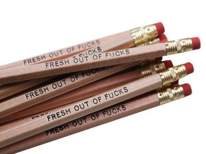 by Sweet Perversion Listing for one Fresh Out of Fucks Pencil. Wood pencil with #2 lead, certified non-toxic, latex-free synthetic erasers & unsharpened. Please note that due to everyone’s monitor displaying differently, the colors you see may vary.