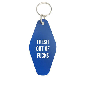 By Sweet Perversion. Motel-style Fresh out of F*cks Keychain with 1 inch split key ring included. Please note that due to everyone’s monitor displaying differently, the colors you see may vary. Measures 3.5 inch long.