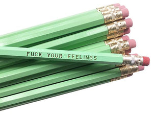 by Sweet Perversion. Listing for one Fuck Your Feelings Pencil. Wood pencil with #2 lead, certified non-toxic, latex-free synthetic erasers & unsharpened. Please note that due to everyone’s monitor displaying differently, the colors you see may vary.