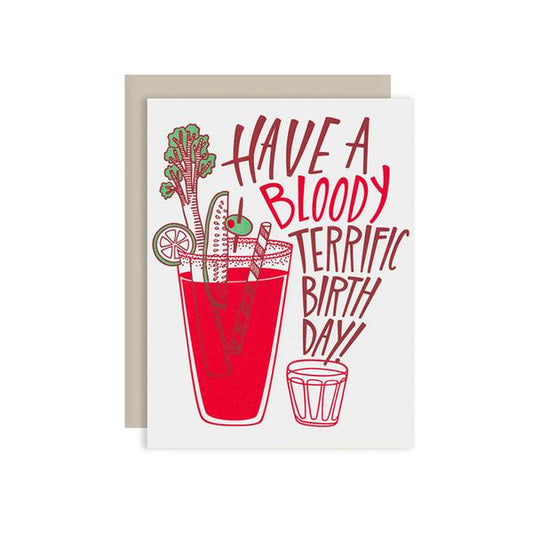 by The Good Twin. Every good birthday calls for a day-after bloody mary. The Bloody Birthday Card features: Two color letterpress print on 100% PC fiber paper. Packed in a cello sleeve with corresponding envelope. Envelope color may vary. Blank inside. Measures 4.25 x 5.5 inches folded.