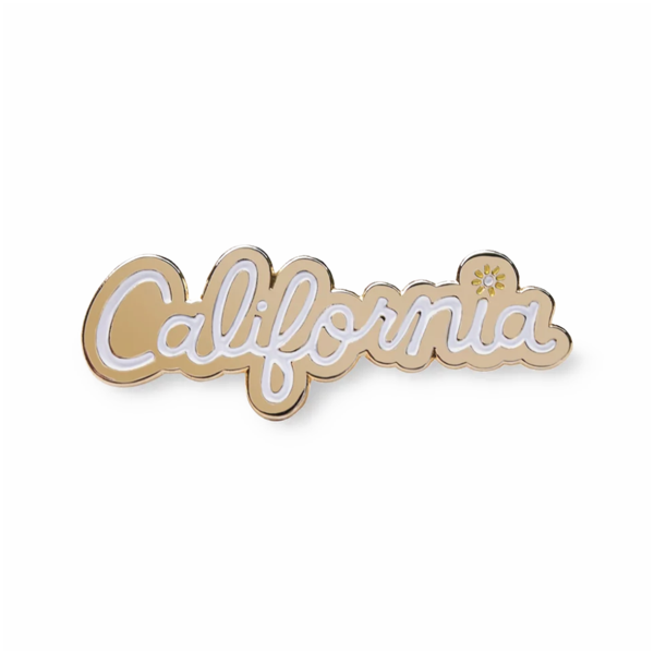 by The Good Twin. The California Pin comes with two rubber clutches and is packed in a cello sleeve with enamel pin fastened to card. Measures 1.5 inches wide. Also available in store at FOLD Gallery in DTLA.