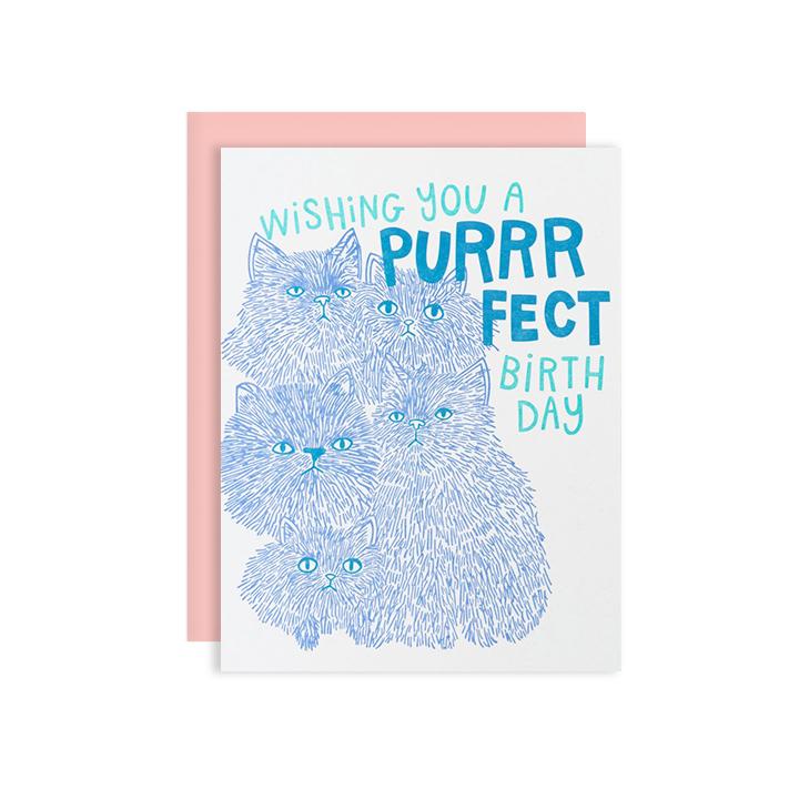 by The Good Twin. This Purrrfect Birthday Card is a two color letterpress print on 100% PC fiber paper. Packed in a cello sleeve with corresponding envelope. Envelope color may vary. Blank inside. Measures 4.25 x 5.5 inches folded.