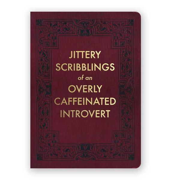 By The Mincing Mockingbird & The Frantic Meerkat. Jittery Scribblings of an Overly Caffeinated Introvert Journal: 120 dotted grid pages of 120 gsm creamy off-white paper that takes ink beautifully. Binding lies flat when open. Measures 5 inch wide x 7 inch tall. Also available in store at FOLD Gallery DTLA.