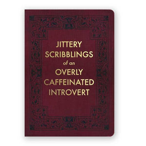 By The Mincing Mockingbird & The Frantic Meerkat. Jittery Scribblings of an Overly Caffeinated Introvert Journal: 120 dotted grid pages of 120 gsm creamy off-white paper that takes ink beautifully. Binding lies flat when open. Measures 5 inch wide x 7 inch tall. Also available in store at FOLD Gallery DTLA.