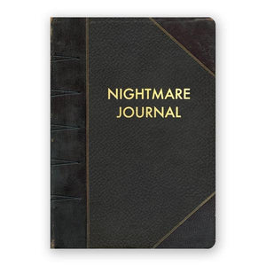 By The Mincing Mockingbird & The Frantic Meerkat. Nightmare Journal: 120 ruled pages of 120 gsm creamy off-white paper that takes ink beautifully. Stylish gold foil stamped cover. Binding lies flat when open. Measures 5 x 7 inches—perfect size for a purse or for traveling. Also available in store at FOLD Gallery DTLA.