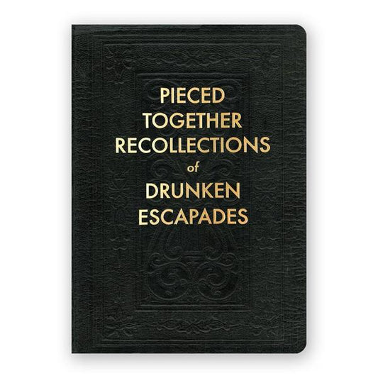 By The Mincing Mockingbird & The Frantic Meerkat. Pieced Together Recollections of Drunken Escapades Journal. 120 dotted grid pages of 120 gsm creamy off-white paper that takes ink beautifully. Binding lies flat when open. Measures 5 inch wide x 7 inch tall. Also available in store at FOLD Gallery DTLA.