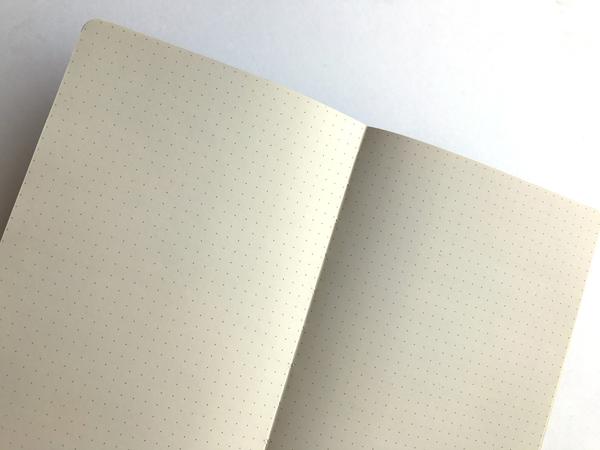 By The Mincing Mockingbird & The Frantic Meerkat Strange Ideas & Impure Thoughts Journal. 120 light dotted grid pages of 120 gsm creamy off-white paper that takes ink beautifully. Binding lies flat when open. Measures 5 inch wide x 7 inch tall. Also available in store at FOLD Gallery DTLA.