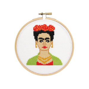 By The Stranded Stitch. Stitch some art appreciation with the Frida DIY Cross Stitch Kit. Kit Includes: Basic cross stitching instructions. Counted cross stitch pattern. DMC embroidery floss and color chart. 14 count white aida cloth. 5 inch Embroidery hoop. Needle. FOLD Gallery Dtla.