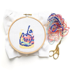 By The Stranded Stitch. Stitch up this refreshing can of Pamplemousse La Croix! The trendiest sparkling water turned into the cross stitch project. Kit Includes: Basic cross stitching instructions. Counted cross stitch pattern. DMC embroidery floss and color chart. 14 count aida cloth. 5 inch Embroidery hoop. Needle. FOLD Gallery Dtla.