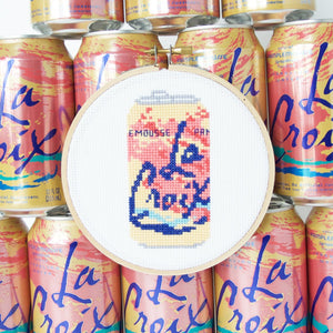 By The Stranded Stitch. Stitch up this refreshing can of Pamplemousse La Croix! The trendiest sparkling water turned into the cross stitch project. Kit Includes: Basic cross stitching instructions. Counted cross stitch pattern. DMC embroidery floss and color chart. 14 count aida cloth. 5 inch Embroidery hoop. Needle. FOLD Gallery Dtla.