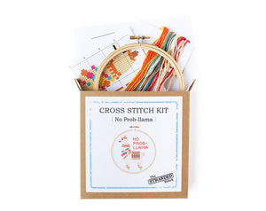 By The Stranded Stitch. No Prob-llama DIY Cross Stitch Kit Includes: Basic cross stitching instructions. Counted cross stitch pattern. DMC embroidery floss and color chart. 14 count white aida cloth. 5 inch Embroidery hoop. Needle. FOLD Gallery Dtla.