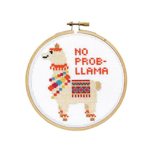By The Stranded Stitch. No Prob-llama DIY Cross Stitch Kit Includes: Basic cross stitching instructions. Counted cross stitch pattern. DMC embroidery floss and color chart. 14 count white aida cloth. 5 inch Embroidery hoop. Needle. FOLD Gallery Dtla.