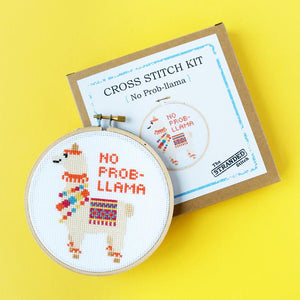 By The Stranded Stitch. No Prob-llama DIY Cross Stitch Kit Includes: Basic cross stitching instructions. Counted cross stitch pattern. DMC embroidery floss and color chart. 14 count white aida cloth. 5 inch Embroidery hoop. Needle. FOLD Gallery Dtla.
