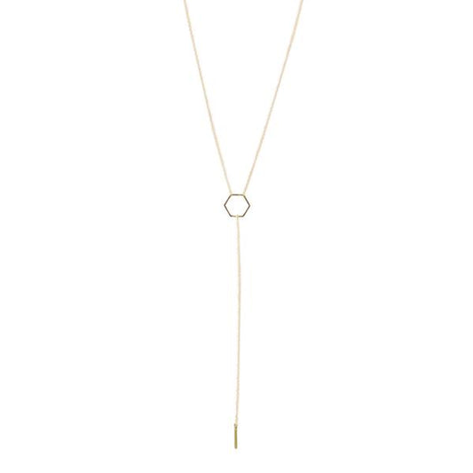 By TUMBLE. Gold Filled Hexagon Lariat Necklace: This is a 16-inch lariat necklace with a 6 inch drop. All together to form a very graphic and minimalist design. Made with gold-filled chain. Also available in store at FOLD Gallery DTLA.