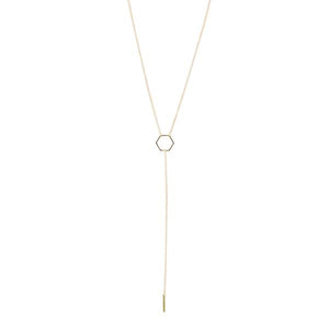 By TUMBLE. Gold Filled Hexagon Lariat Necklace: This is a 16-inch lariat necklace with a 6 inch drop. All together to form a very graphic and minimalist design. Made with gold-filled chain. Also available in store at FOLD Gallery DTLA.