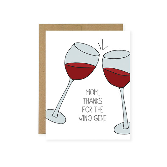 By Unblushing. Cheers! Wino Gene Card details: 5.5 x 4.25 (A2) folded card. A2 100% recycled kraft envelope. Professionally printed on 130# recycled card stock. Packaged in a compostable clear sleeve. Blank inside for your own personal message.