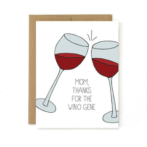 By Unblushing. Cheers! Wino Gene Card details: 5.5 x 4.25 (A2) folded card. A2 100% recycled kraft envelope. Professionally printed on 130# recycled card stock. Packaged in a compostable clear sleeve. Blank inside for your own personal message.
