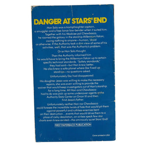 Vintage 1979 Han Solo At Star's End  This Han Solo novella follows Han and Chewbacca as they seek to upgrade the Millenium Falcon, and wind up pitted against powerful and ruthless enemies bent on their destruction!  Measures 7 x 4.25 x .5 inches.  Condition: Good condition, minor shelf wear.