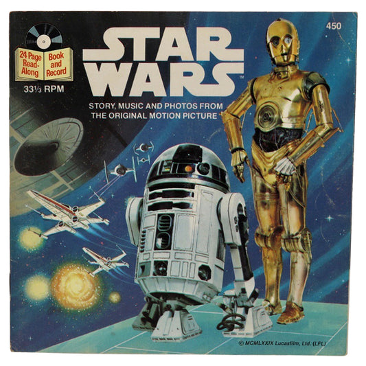 Vintage 1980 Star Wars Story Book and Record  This 24 page book with read along record features stills from Star Wars Episode 4, dramatic character dialogue, and authentic sound effects!  Measures 7.25 x 7.25 inches.