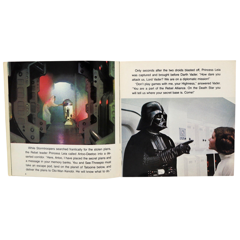 Vintage 1980 Star Wars Story Book and Record  This 24 page book with read along record features stills from Star Wars Episode 4, dramatic character dialogue, and authentic sound effects!  Measures 7.25 x 7.25 inches.