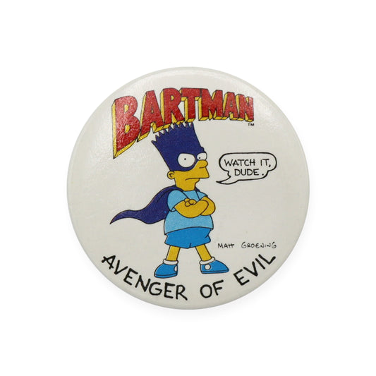 Vintage 1989 The Simpsons Pinback Button.  Add a little flair to your jacket, backpack or tote with this Vintage Bartman Pinback Button!  Measures 2 inches.  Please note that due to everyone’s monitor displaying differently, the colors you see may vary.