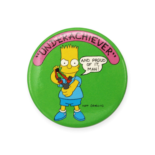 Vintage 1989 The Simpsons Pinback Button.  Add a little flair to your jacket, backpack or tote with this Vintage Underachiever Pinback Button!  Measures 2 inches.  Please note that due to everyone’s monitor displaying differently, the colors you see may vary.