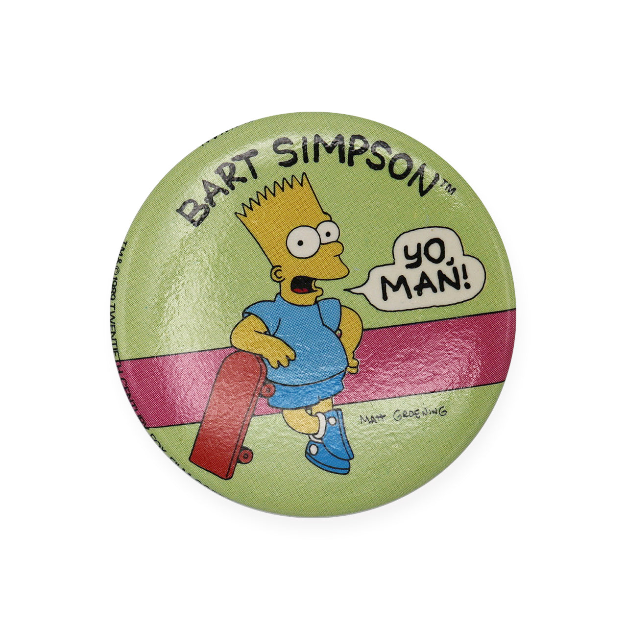 Vintage 1989 The Simpsons Pinback Button.  Add a little flair to your jacket, backpack or tote with this Vintage Yo Man Pinback Button!  Measures 2 inches.  Please note that due to everyone’s monitor displaying differently, the colors you see may vary.