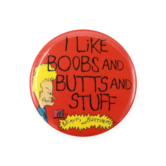 Vintage 1993 Beavis & Butthead Pinback Button by MTV.  Add a little flair to your jacket, backpack or tote with this Vintage Boobs and Butts Pinback Button!  Measures 2 inches.  Please note that due to everyone’s monitor displaying differently, the colors you see may vary.