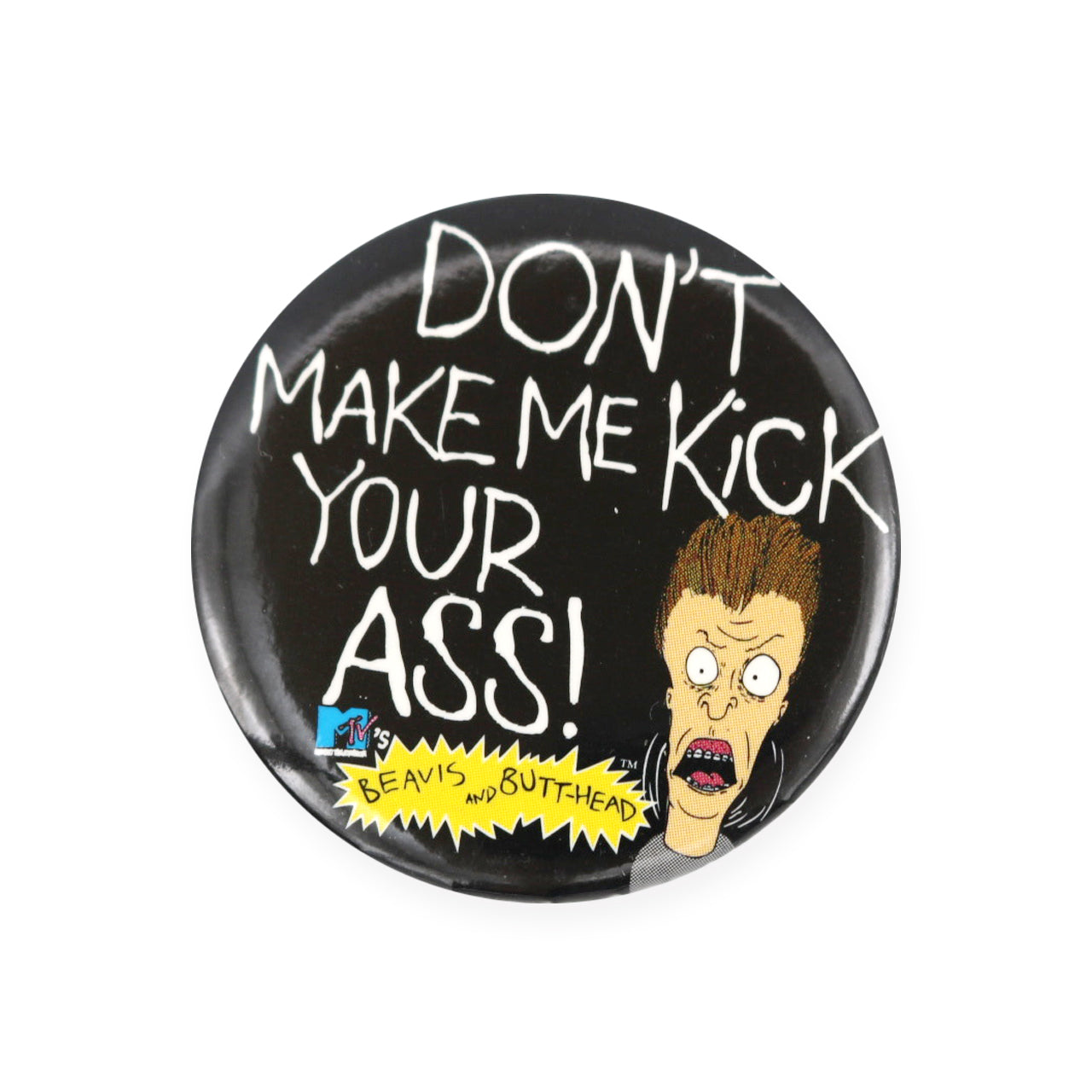 Vintage 1993 Beavis & Butthead Pinback Button by MTV.  Add a little flair to your jacket, backpack or tote with this Vintage Kick Your Ass Pinback Button!  Measures 2 inches.  Please note that due to everyone’s monitor displaying differently, the colors you see may vary.