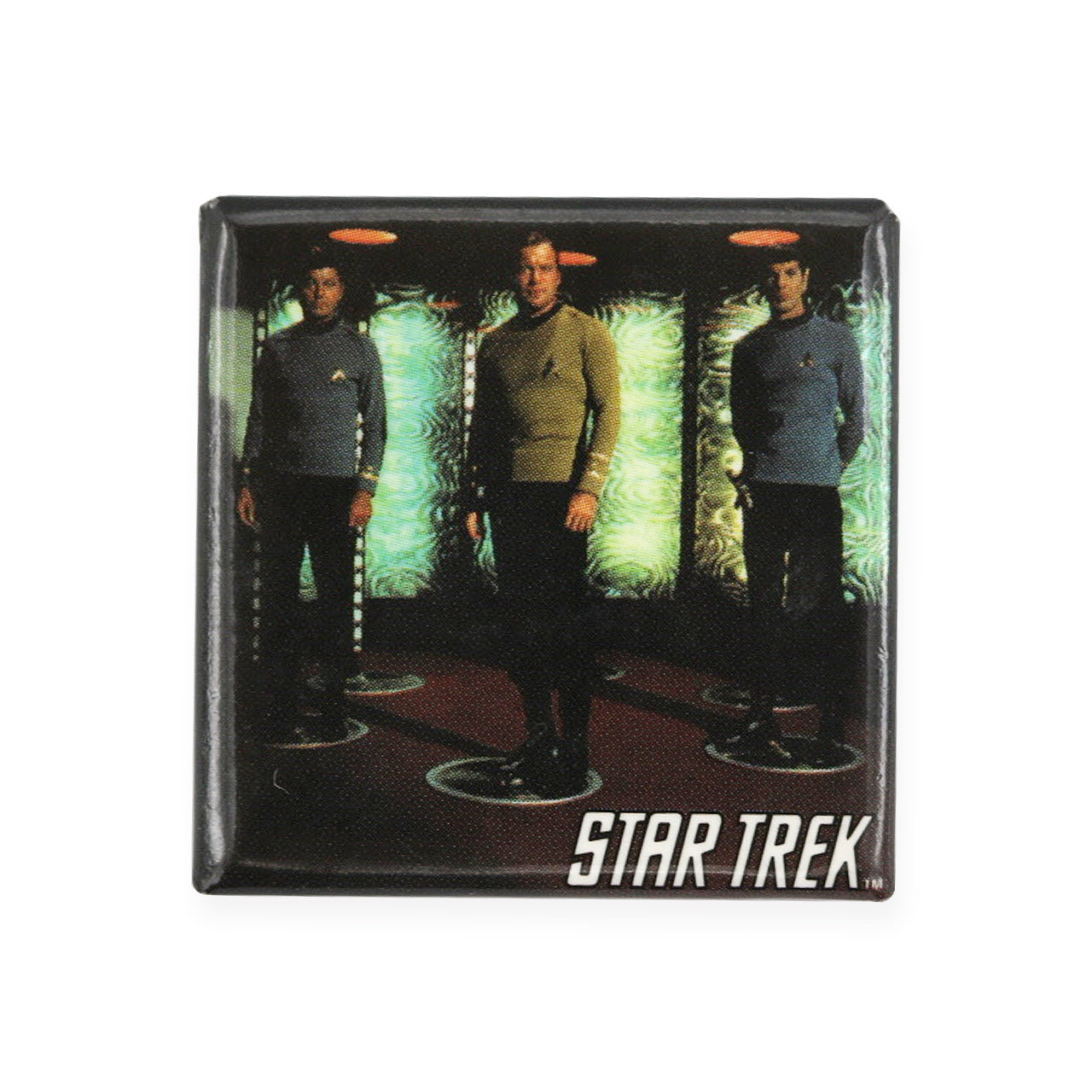 Vintage Beam Me Up Scotty Pinback Button  Add a little flair to your jacket, backpack or tote with this Vintage Beam Me Up Scotty Pinback Button! This button depicts Captain Kirk, Spock, and Doctor McCoy standing on transport pads aboard the S.S. Enterprise.  Measures 1.5 x 1.5 inches.