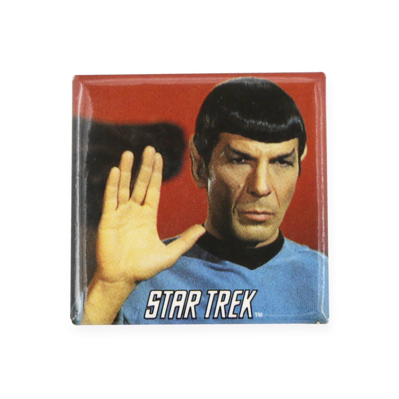 Vintage Live Long and Prosper Pinback Button  Add a little flair to your jacket, backpack or tote with this Vintage Live Long and Prosper Pinback Button! This button depicts Spock making the Vulcan hand gesture for "live long and prosper".  Measures 1.5 x 1.5 inches.