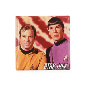 Vintage Spock and Kirk Pinback Button  Add a little flair to your jacket, backpack or tote with this Vintage Spock and Kirk Pinback Button! This button depicts Spock and Kirk on a planet during their mission to explore new worlds.  Measures 1.5 x 1.5 inches.