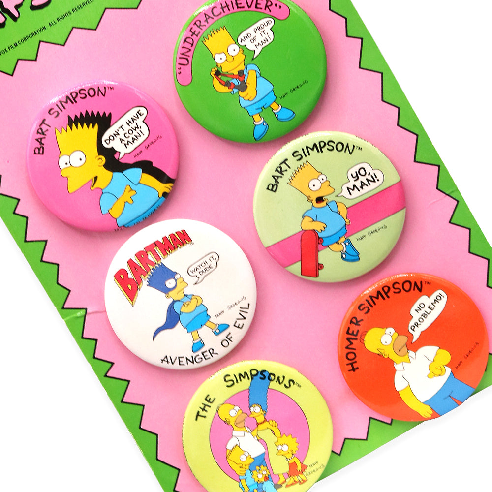 Vintage 1990 set of 6 New/Old Stock Simpsons Button set in Original Packaging!  Measures 7.5 x 5 x.5 inches.  Please note that due to everyone’s monitor displaying differently, the colors you see may vary.