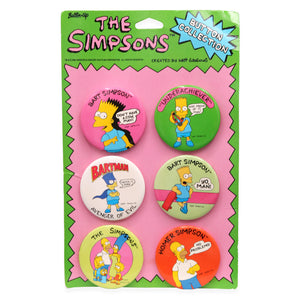 Vintage 1990 set of 6 New/Old Stock Simpsons Button set in Original Packaging!  Measures 7.5 x 5 x.5 inches.  Please note that due to everyone’s monitor displaying differently, the colors you see may vary.