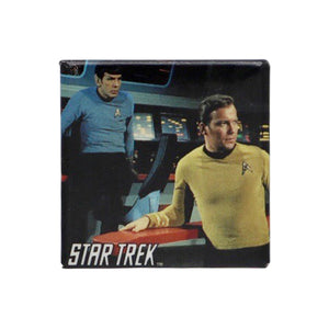 Vintage Captain's Deck Pinback Button  Add a little flair to your jacket, backpack or tote with this Vintage Captain's Deck Pinback Button! This button depicts Captain Kirk and Spock on the bridge of the S.S. Enterprise.  Measures 1.5 x 1.5 inches.