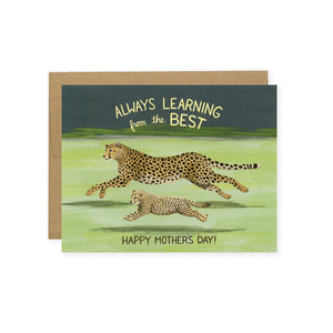 By Yeppie Paper. Cheetah Mom Card details: A2 folded card, 4.25" x 5.5". Professionally printed in full color in Los Angeles. FSC-certified, recycled 110 lb. cover weight, soft white paper. Matching recycled kraft envelope. Blank inside with single color logo on back. Made in the USA.