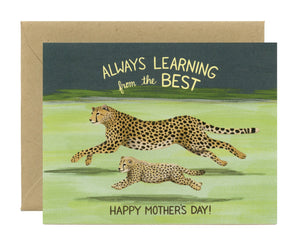 By Yeppie Paper. Cheetah Mom Card details: A2 folded card, 4.25" x 5.5". Professionally printed in full color in Los Angeles. FSC-certified, recycled 110 lb. cover weight, soft white paper. Matching recycled kraft envelope. Blank inside with single color logo on back. Made in the USA.